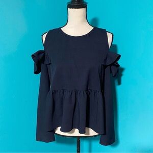 BP Navy Ruffle Cold Shoulder Blouse